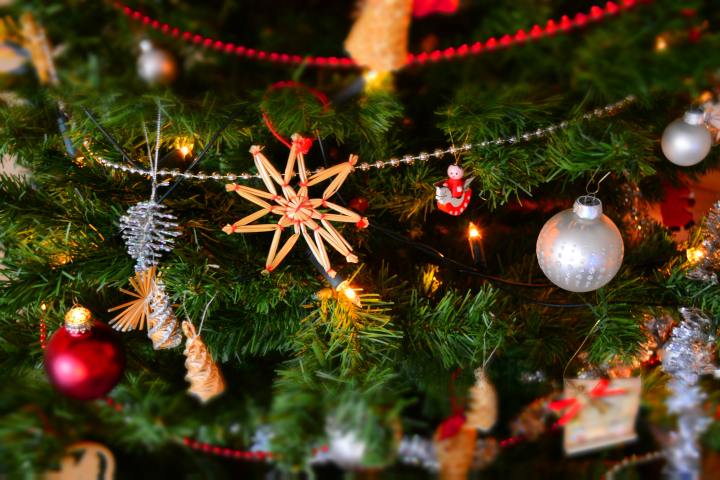 christmas ornaments close up on christmas tree