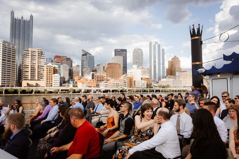 a group of people in a large city